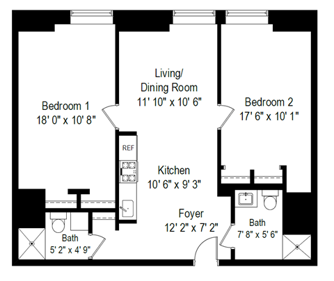 Floor plan for 2 beds, 2 baths, 754 sqft